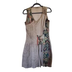 Angels Never Die Boho Ethnic Peasant Linen Blend Sleeveless Dress, Size Large